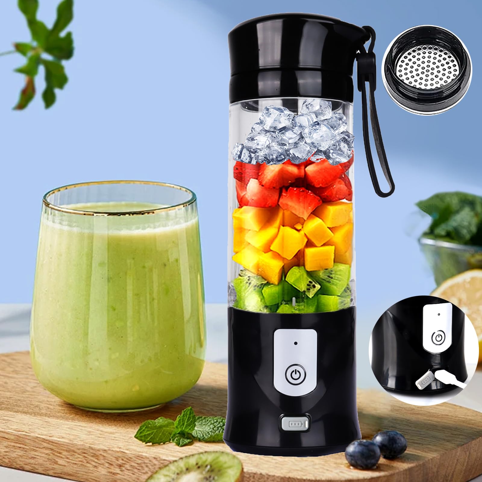 Photo 1 of Portable Personal Blender,13OZ Cordless Juicer Cup,Serrated 6 Blade,with Filter,USB Rechargeable and Self Cleaning,Ideal for Smoothies,Ice Blending,Juicing, Mini Blender for Travel Sports Outgoing