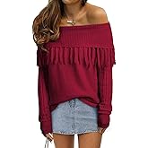 EVALESS Womens Off The Shoulder Sweater Fall Fringe Long Sleeve Loose Pullover Sweaters Tops