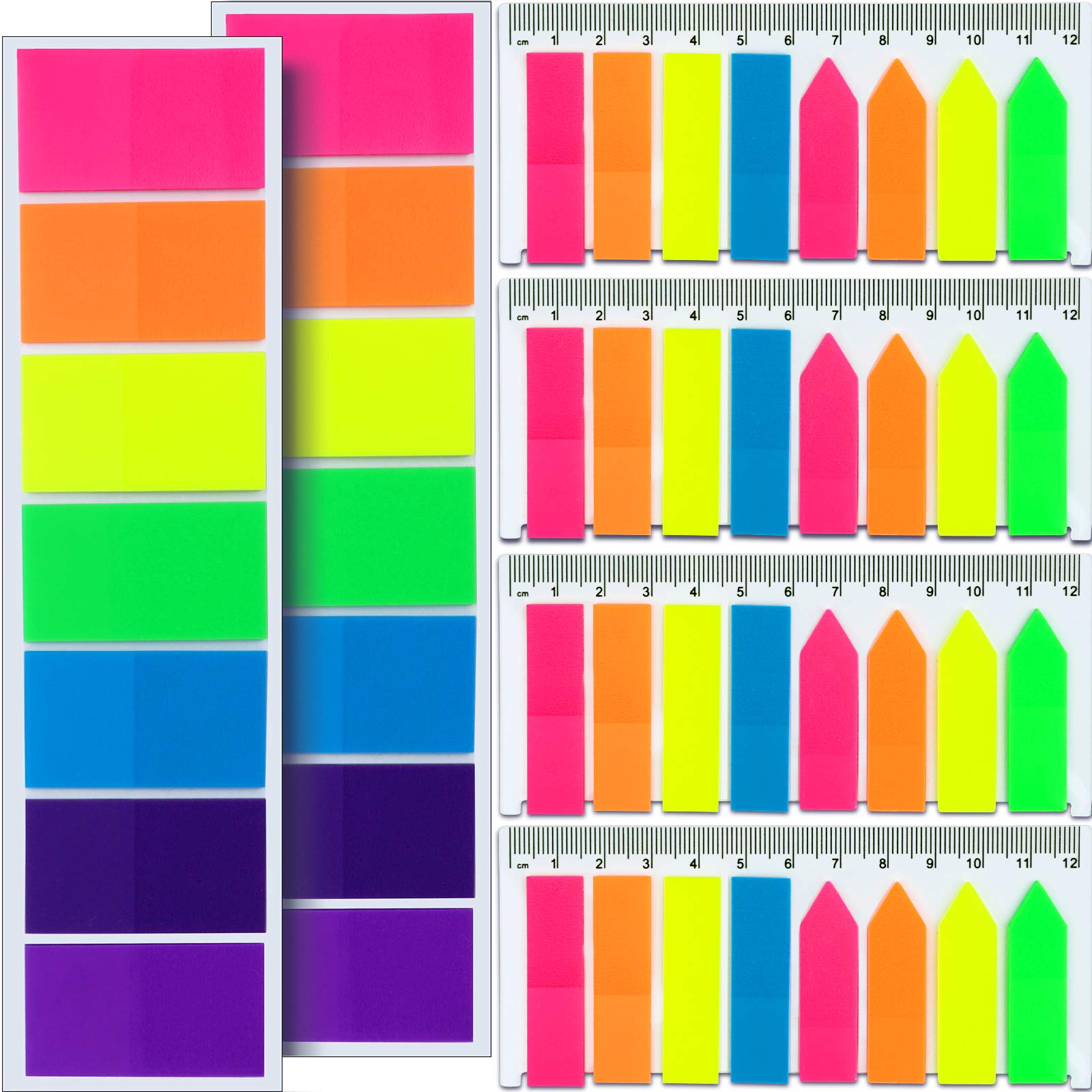 FANDAMEI 920 Pcs Neon Index Stickers - 280 Pcs Large Square Index Tabs + 640 pcs Rectangle and Arrow Sticky Notes Flags, PET Highlight Peel and Stick Flags for Marker Notes Coloured Book Tabs Labels