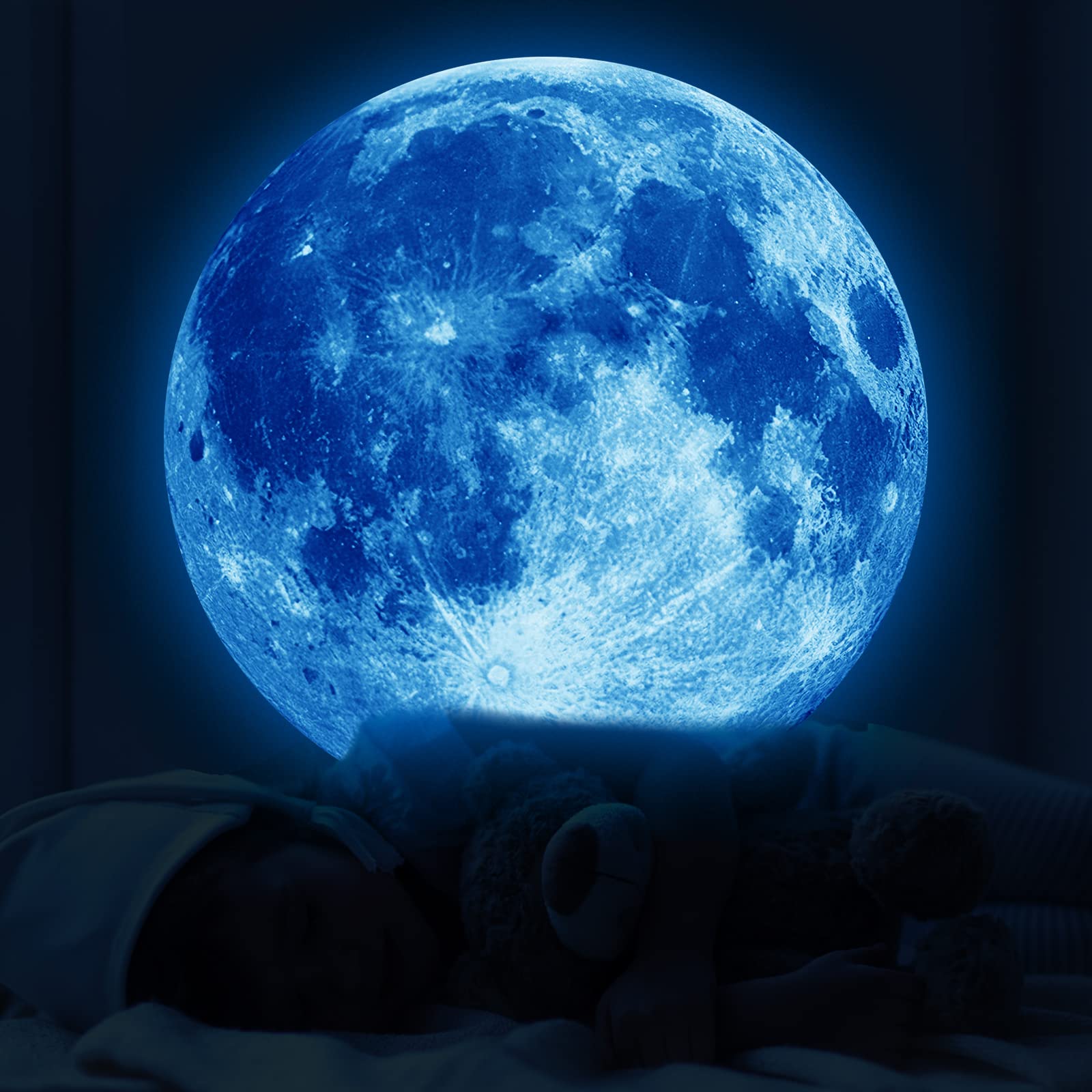 Photo 1 of 11.8 Inch Glow in The Dark Moon Wall Decal Stickers for Kids Ceiling Bedroom Wall Living Room, Blue