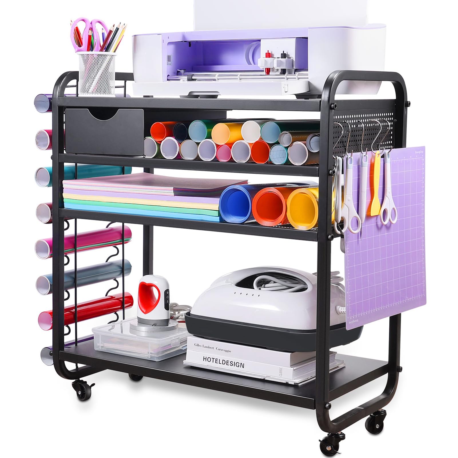 Photo 1 of Yumkfoi Craft Cart Compatible with Cricut Machine, Craft Organization and Storage Cart with DIY Pegboard, Customized Rolling Craft Organizer, Vinyl Roll Holder, Mobile Cabinet Workstation