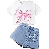 Verdusa Toddler Girl's 2 Piece Bowknot Outfits Summer Graphic Tees with Denim Skort Set
