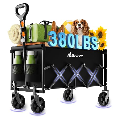 InBrave Folding Wagon Cart with All-Terrain Wheels, Collapsible Wagon with 380LBS Capacity, Portable Lightweight Shopping Cart for Groceries, Apartment Living, Camping & Beach (Black)