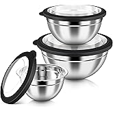 HaWare Mixing Bowls with Airtight Clear Lids, 6-Piece Stainless Steel Strong Nesting Bowls Set, Metal Salad Bowl for Cooking, Prepping, Baking, Serving & Food Storage, Size 4.6, 3, 1.5QT, Black