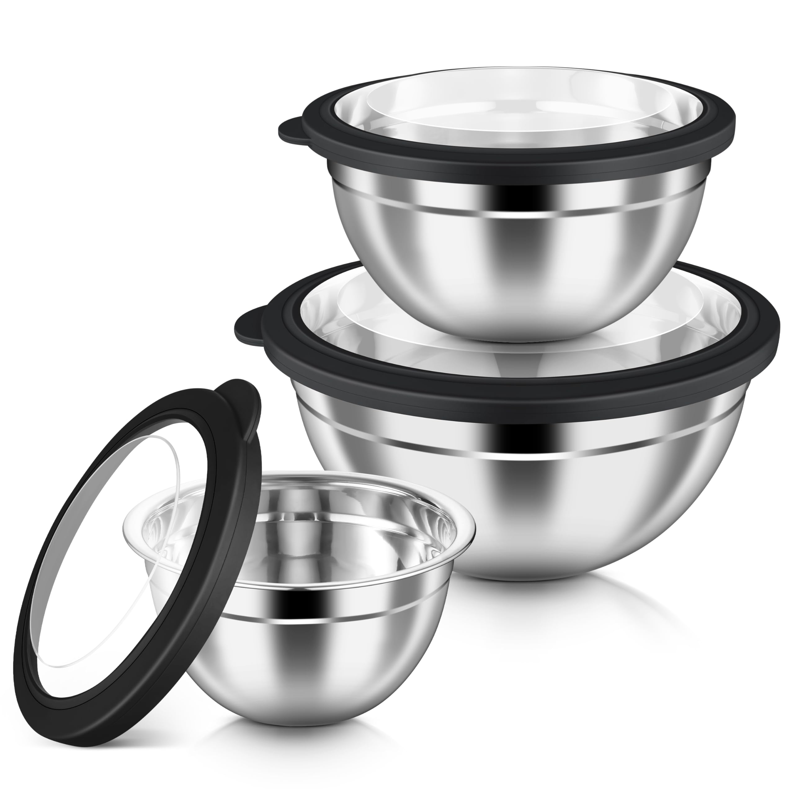 Photo 1 of HaWare Mixing Bowls with Airtight Clear Lids, 6-Piece Stainless Steel Strong Nesting Bowls Set, Metal Salad Bowl for Cooking, Prepping, Baking, Serving & Food Storage, Size 4.6, 3, 1.5QT, Black