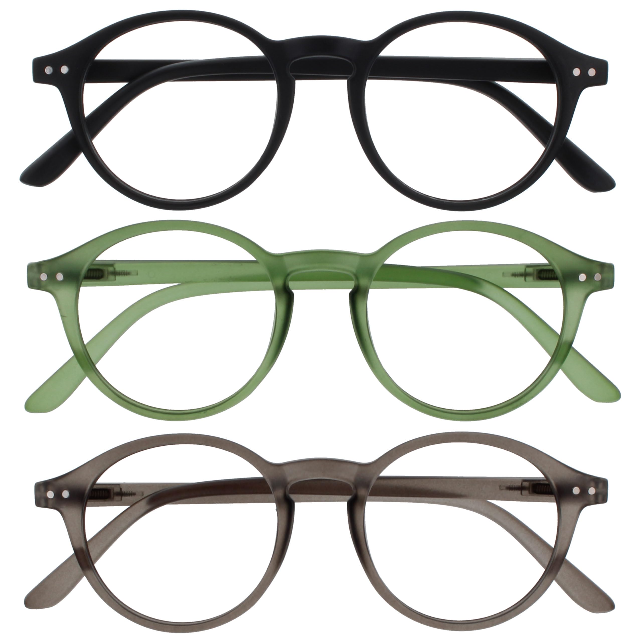 OPULIZE REY Reading Glasses - 3-Pack - Retro Round Frame - Matt Black, Green, Grey - Mens Womens - Spring Hinges - RRR56-167 - +2.00