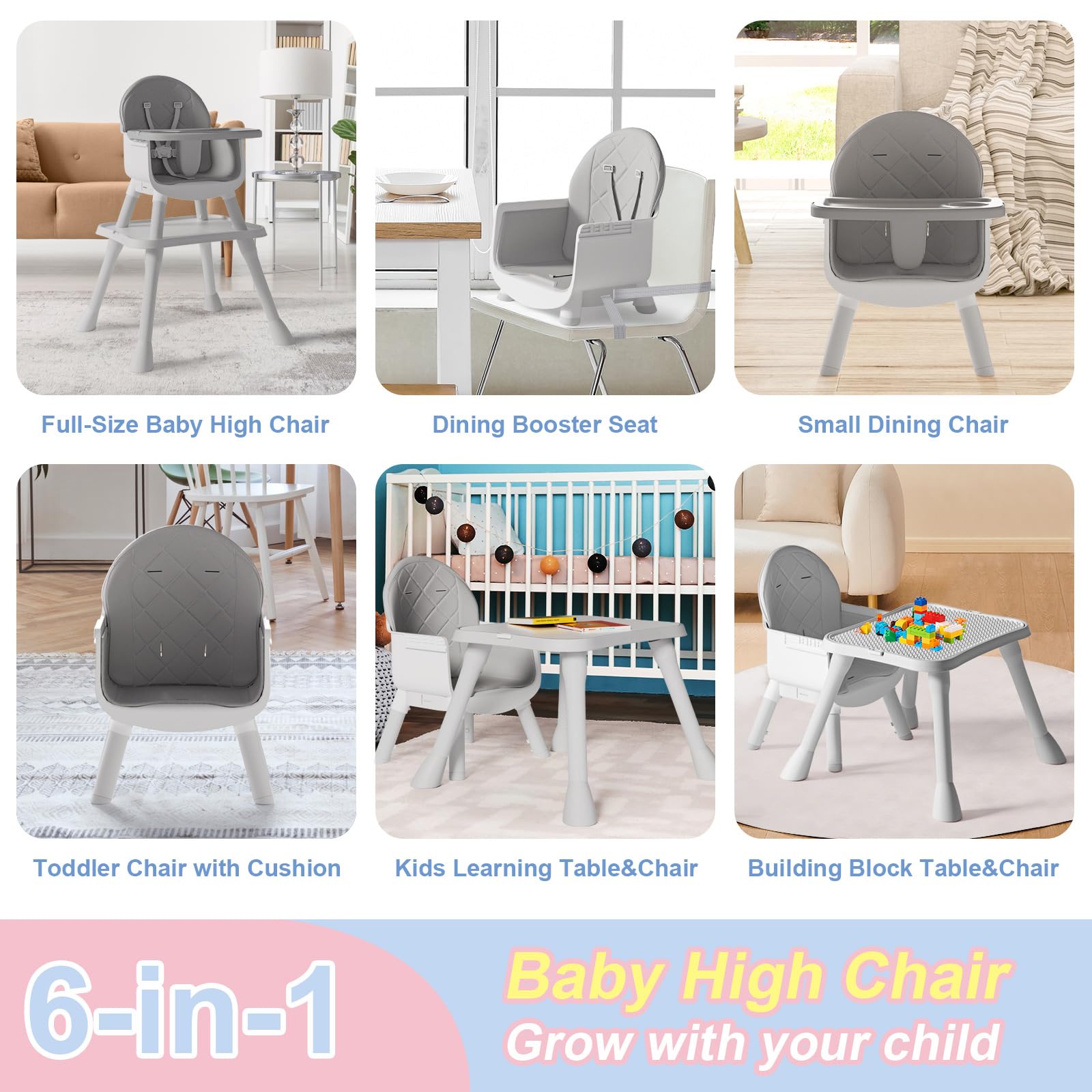 6 in 1 Baby High Chair, Convertible Highchair for Babies and Toddlers (Grey)