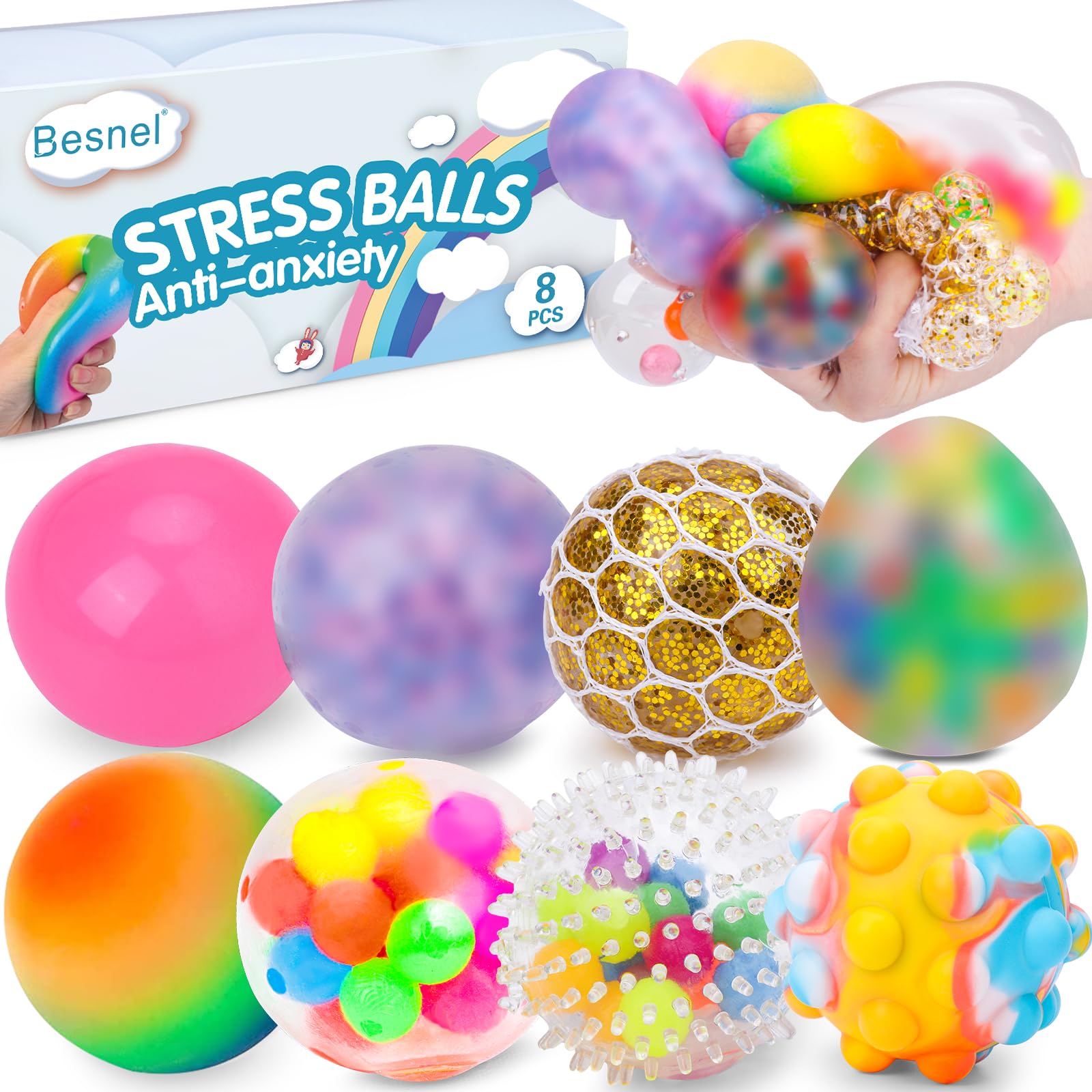 Photo 1 of Stress Balls Set, Squishy Stress Ball, 8 Pack Stress Relief Ball for Adults, Squeeze Ball for Anxiety and Stress Relief