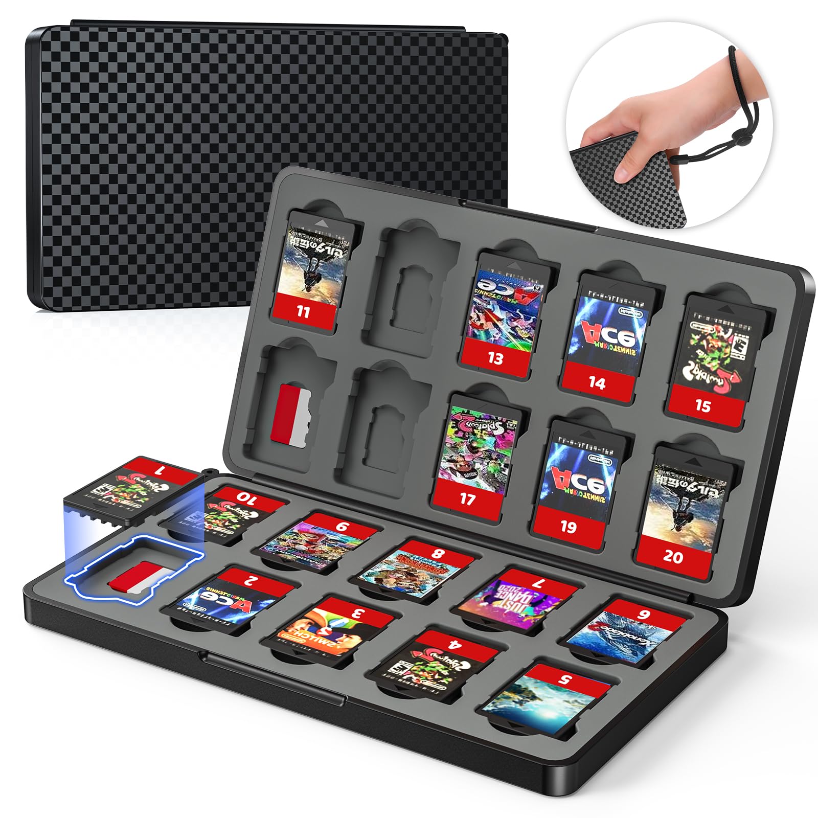 Klipdasse Switch Game Card Case for Nintendo Switch 2/1 - Game Holder for Switch Cartridges with 20 Game Card Slots & 20 Micro SD Card Slots, Magnetic Closure, Hard Shell Case with Lanyard