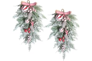 Egolot 2 PCS 20” Christmas Candy Cane Frosted Pine Needle Teardrop Swag Wreath for Front Door, Xmas Swag with Red White Balls and Berries for Indoor Outdoor, Christmas Window Mailbox Decor Teardrop