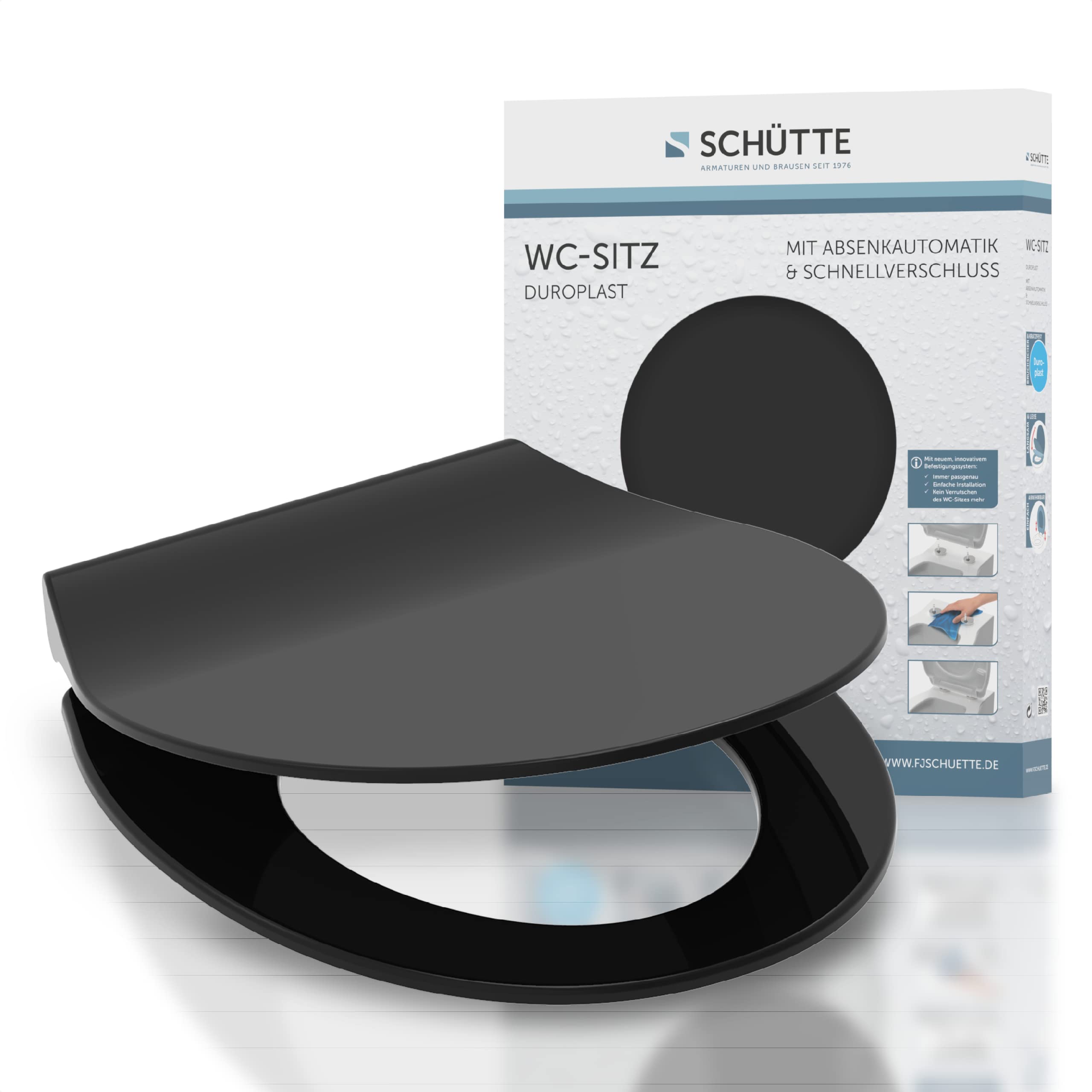 SCHÜTTE Slim Black Toilet Seat, Duroplast Toilet Seat with Soft-Close Mechanism, Toilet Lid with Quick Release for Easy Cleaning, Toilet Seat Suitable for All Standard Toilet Bowls, Black