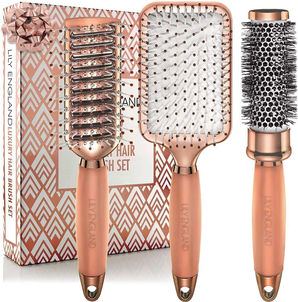 Hair Brush Set - Luxury Professional Rose Gold Hairbrushes for Detangling, Blow Drying, Straightening - Suitable for All Hair Types by Lily England (Rose Gold)