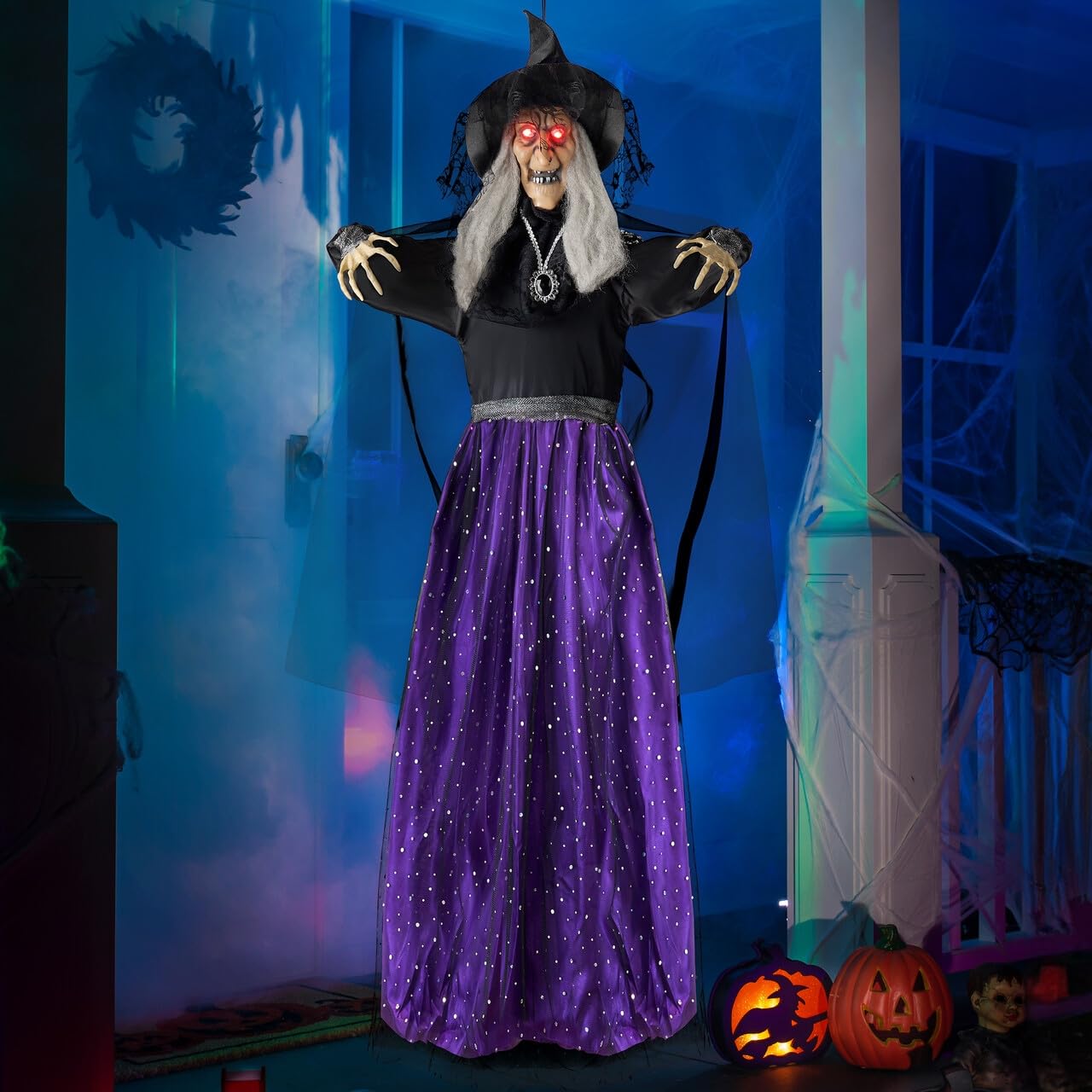 Photo 1 of JOYIN 47” Animated Witch Halloween Decorations Outdoor Indoor, Scary Halloween Animatronics Decor, Hanging Ghost Talking Sound Activated Led Lights Eyes Haunted House Yard Garden Lawn