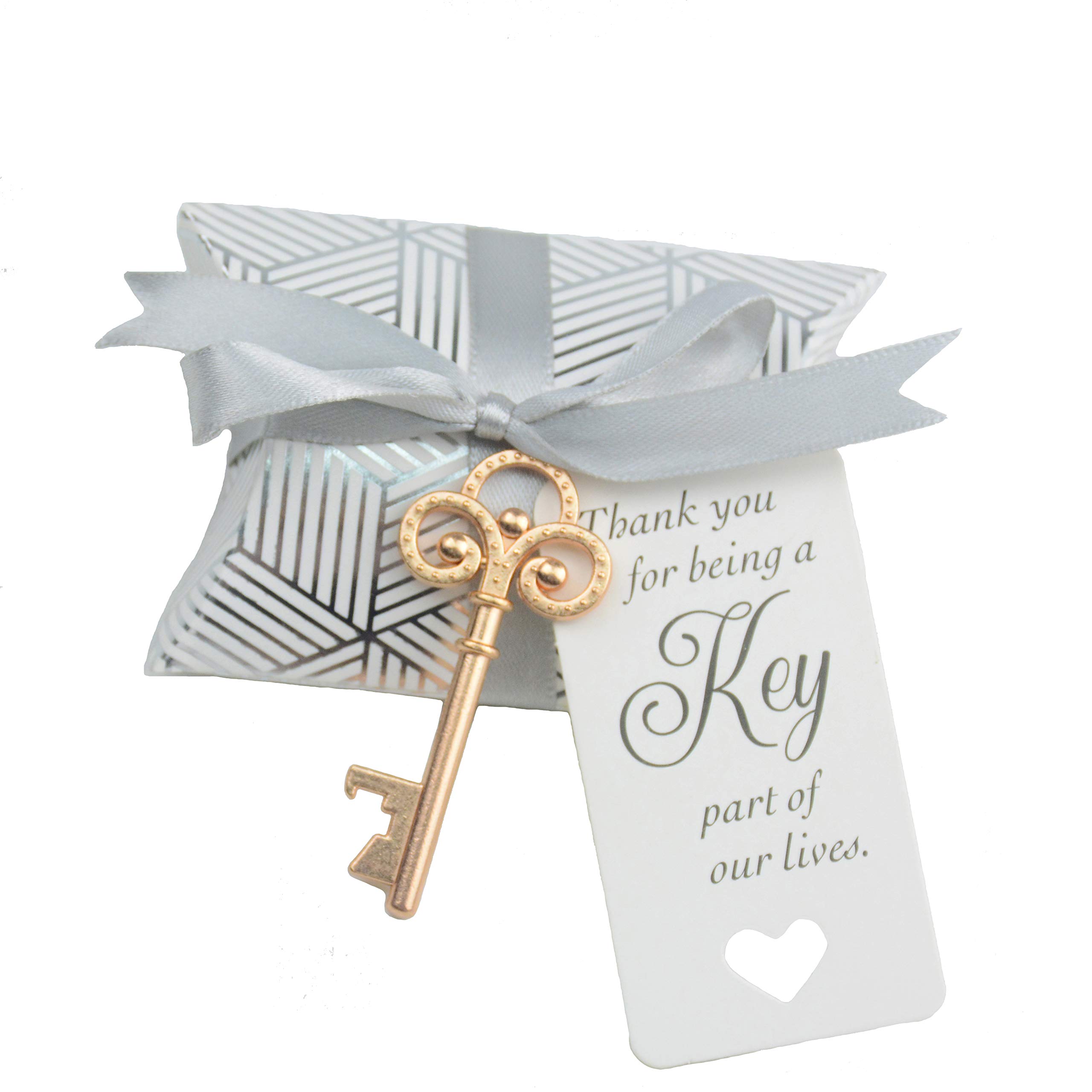 Makhry 50pcs Wedding Favor Souvenir Pillow Candy Box Gift Set Vintage Skeleton Key Bottle Openers Escort Gift Card Thank You Tag French Ribbon (Rose Gold)