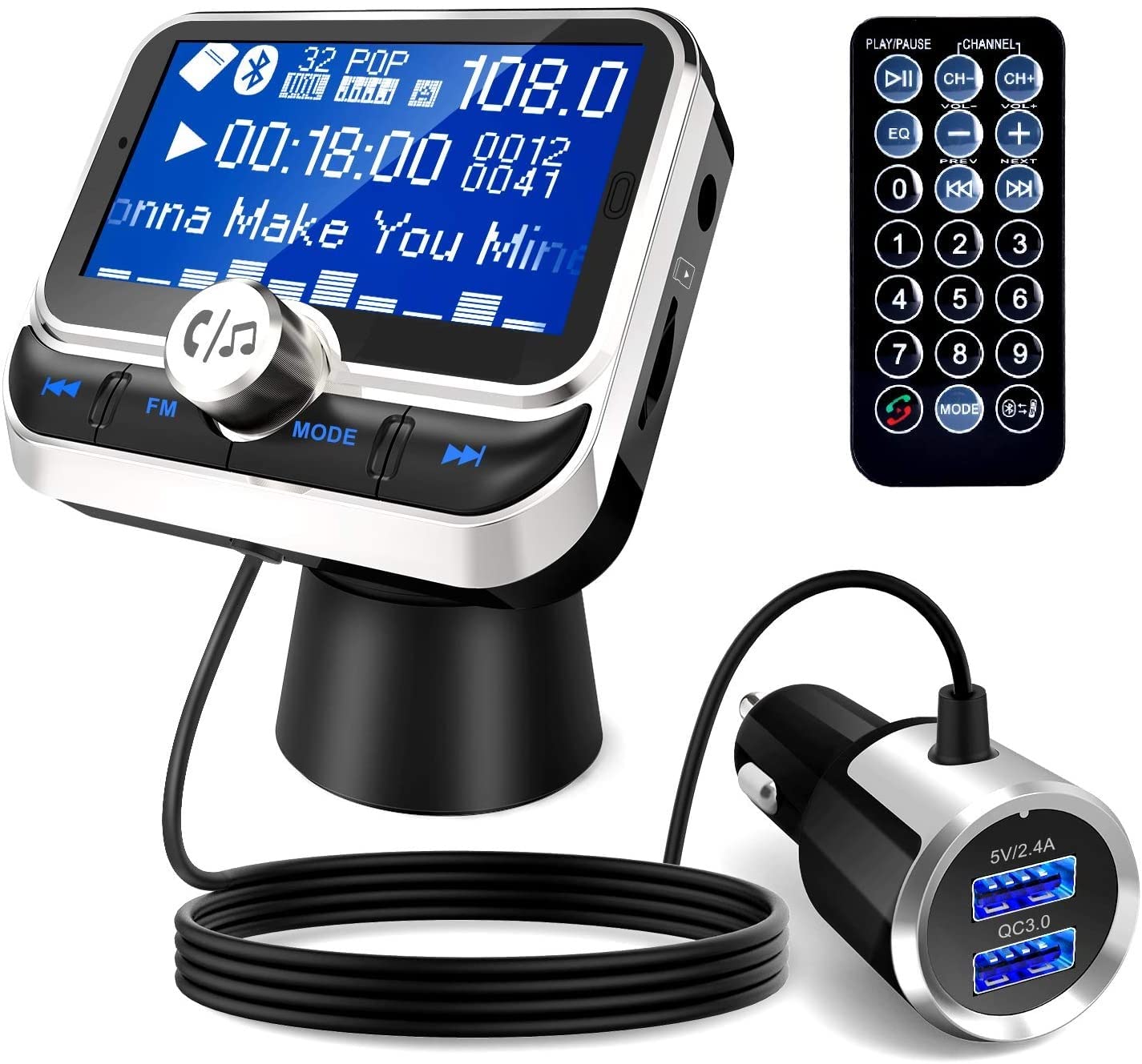 In-Car Bluetooth FM Transmitter for Easy Hands Free Calling | 2 x 2.4A USB Charging Ports | AUX + USB + Memory Card Audio Input | Voice Assistant Support + Remote Control