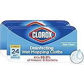 Clorox Disinfecting Wet Mopping Cloths, Rain Clean, 24 Ct., 2 Pack | Multi-Surface Floor Wipes Fit Swiffer Sweeper Mop Heads, Kills 99.9 Percent of Viruses and Bacteria, Traps 4X More Particles