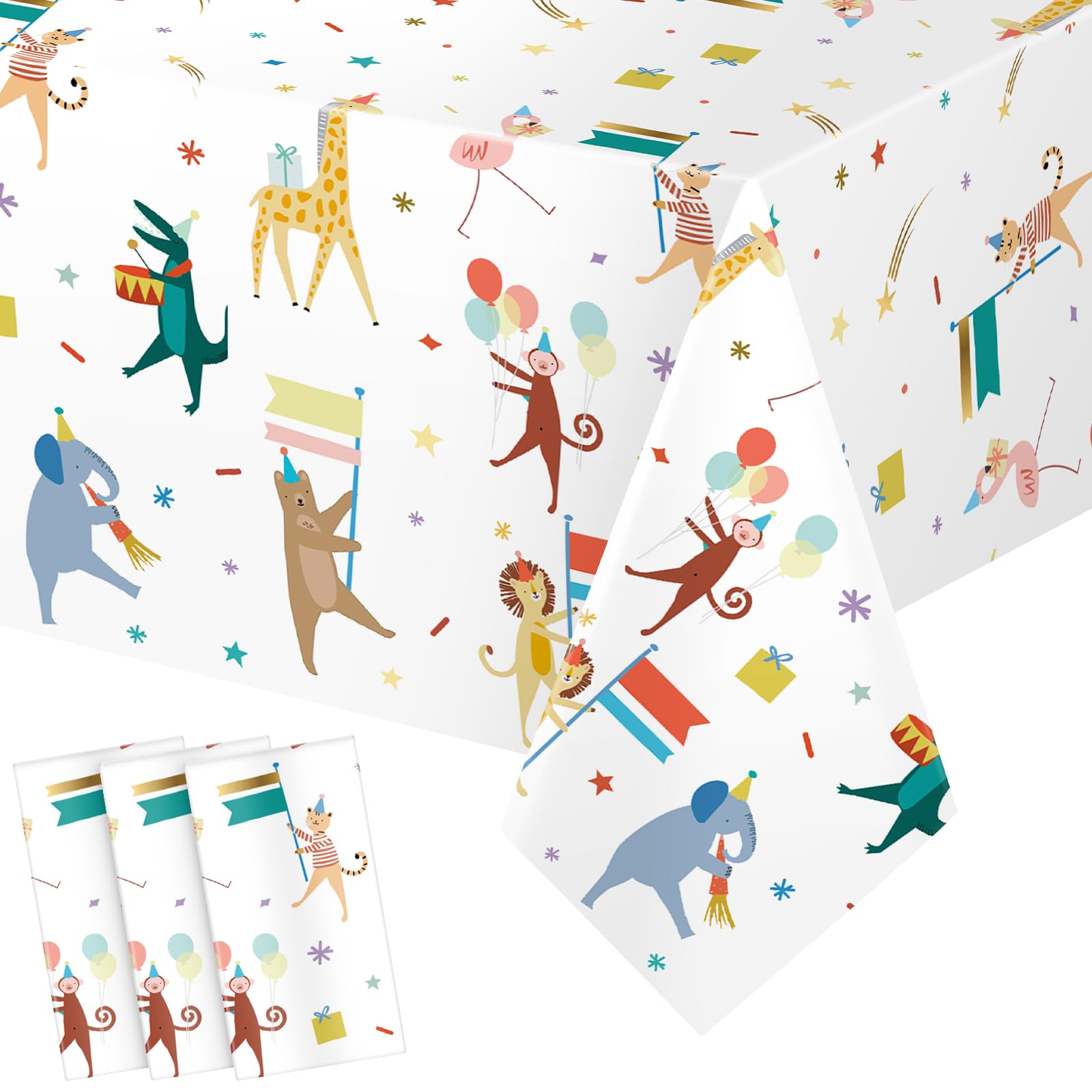 Photo 1 of Maxdot 3 Pieces Animal Parade Party Tablecloths 108 × 54 Inch Safari Theme Table Cover, Plastic Disposable Table Cloth Zoo Party Supplies for Jungle Baby Shower, Animal Themed Birthday Decorations