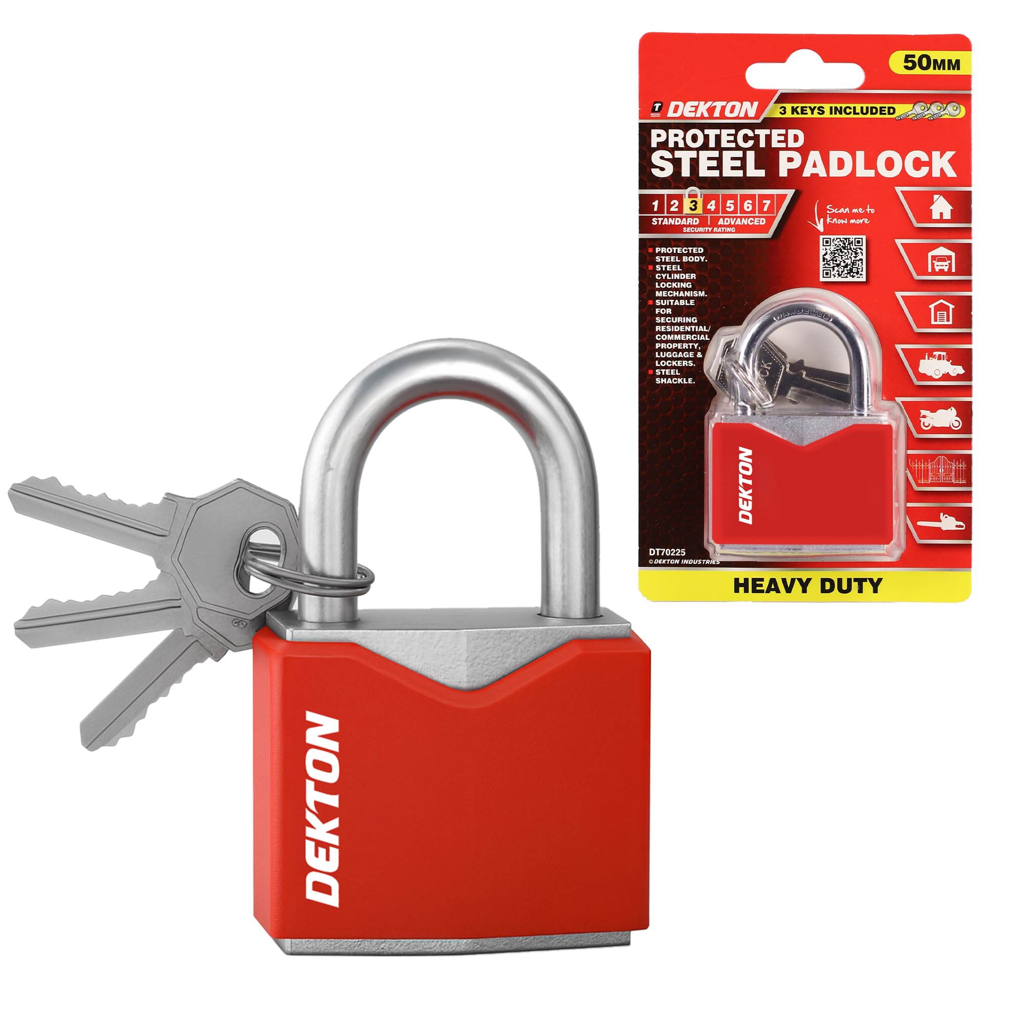 Dekton 50MM Covered Steel Padlock | Heavy-Duty with Reusable Storage Case | Includes 3 Keys | Ideal for Truckers, Farmers & Contractors | Clevis Grab Hooks | 4000lb Working Load Limit | Grade 43