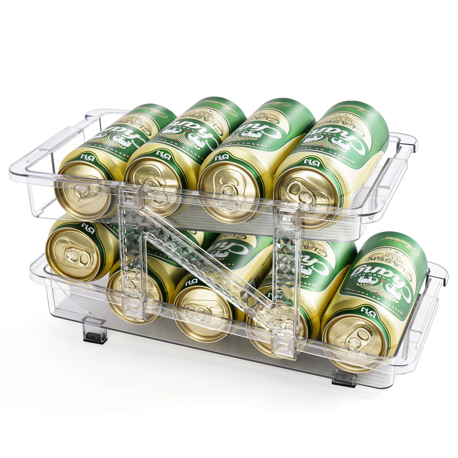 Extendable Fridge Drinks Organiser, 2 Layer Can Holder Width Adjustable Rolling Dispenser for 330ML & 500ML Beer & Soda