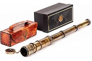 Antiqula 1920 Vintage Brass Telescope with Premium Leather Case, Collapsible 15x Clear Vision Antique Maritime Pirate Spyglass Telescope for Adults, for Nautical & Vintage Décor, 15 inch