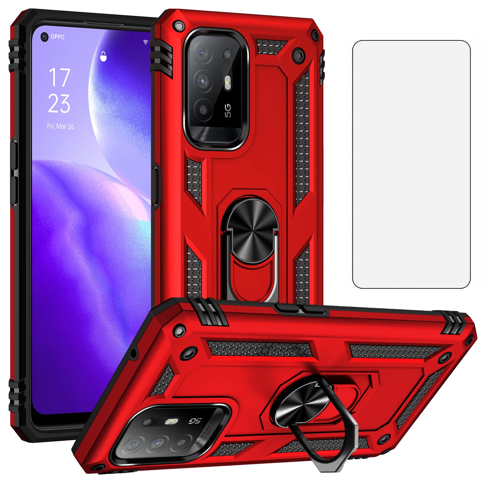 Asuwish Phone Case for OPPO Reno5 Z/A94 5G/A95 5G/F19 Pro+ 5G With Tempered Glass Screen Protector Cover Stand Ring Holder Hard Magnetic Shockproof Kickstand Reno 5 A945G A955G Women Men Red