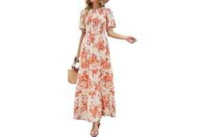 ZESICA Women's 2024 Summer Casual Floral Print Short Flutter Sleeve Crew Neck Smocked High Waist Flowy Maxi Dress