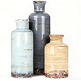 Ceramic Vase Set of 3 - Coastal Multicolor Decorative Vases for Home Decor, Rustic Farmhouse Boho Vases for Living Room, Mantel, Dining Table, Bookshelf, Kitchen or Entryway Decoration