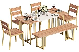 DWVO 6-Piece Dining Table Set for 6-8 People, 63" Kitchen Table Set with a Bench and 4 Chairs, Modern Rectangular Dining Room Table Set for Kitchen, Dining Room