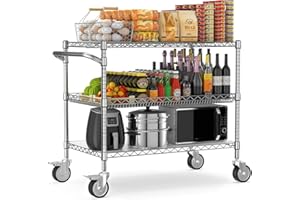 Leteuke 1120LBS Heavy Duty Rolling Utility Cart,3 Tier Rolling Carts with Wheels,NSF Commercial Grade with Handle Bar & Shelf Liners,45"x25"x39"Storage Cart for Kitchen,Restaurant,Plant Display,Chrome