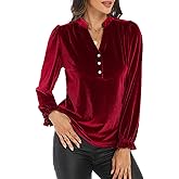 Women's Velvet Tops Puff Long Sleeve V Neck Ruched Fall Winter Trendy Christmas Formal Evening Party Holiday Shirts Blouse