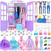 92Pcs Doll Clothes and Accessories with Closet for 11.5 Inch Doll Fashion Design Kit Girl Dress Up Including Fashion Dress Outfits Tops and Pants Shoes Hangers Bags Necklaces Girls Toy Gifts
