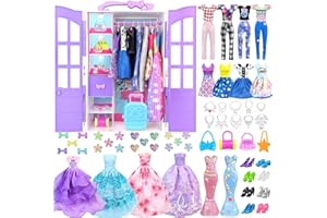 VLUSSO 92Pcs Doll Clothes and Accessories with Doll Closet for 11.5 Inch Doll Fashion Design Kit Girl Doll Dress Up Including Fashion Dress Outfits Tops and Pants Shoes Hangers Bags Necklaces Girls Toy Gifts