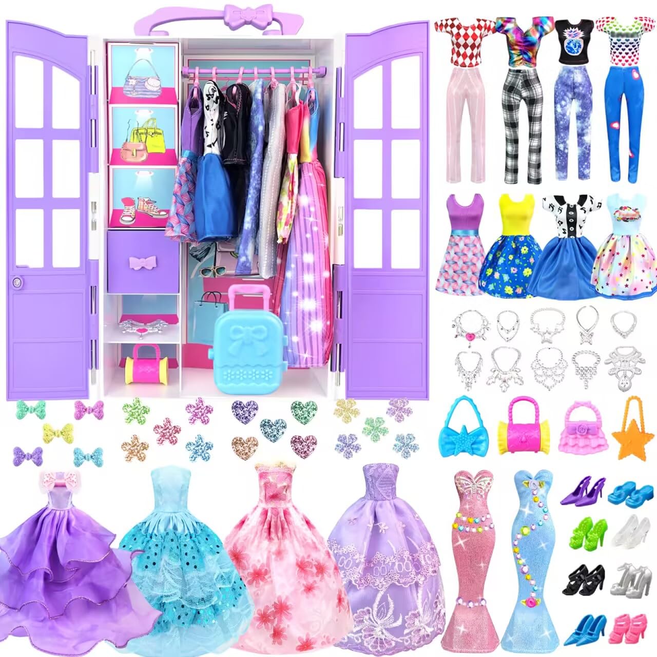 92Pcs Doll Clothes and Accessories with Doll Closet for 11.5 Inch Doll Fashion Design Kit Girl Dress Up Including Fashion Dress Outfits Tops and Pants Shoes Hangers Bags Necklaces Girls Toy Gifts — image 1