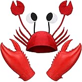 Newcotte 2 Pcs Crab Lobster Costume Set Funny Crab Lobster Hat Latex Giant Claws Gloves for Men Women Cosplay Party
