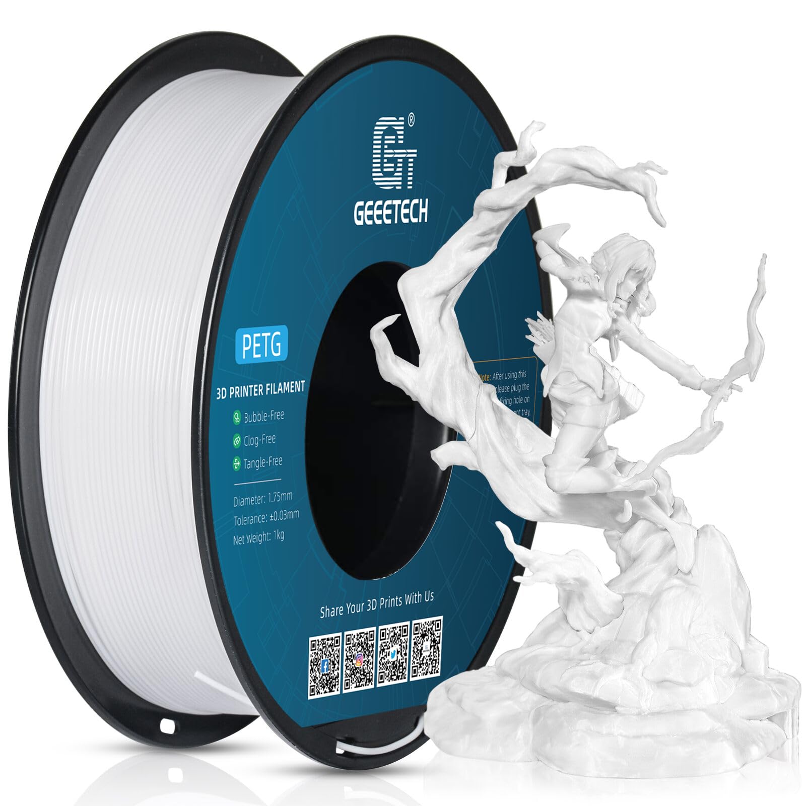 Geeetech PETG Filament 1.75 mm White White PETG 1 kg Spool for 3D Printer