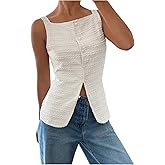 Floerns Women's Textured Sleeveless Vest Shirts Button Front Split Elegant Blouse