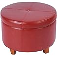 HomePop Round Leatherette Storage Ottoman with Lid, Cinnamon Red Large