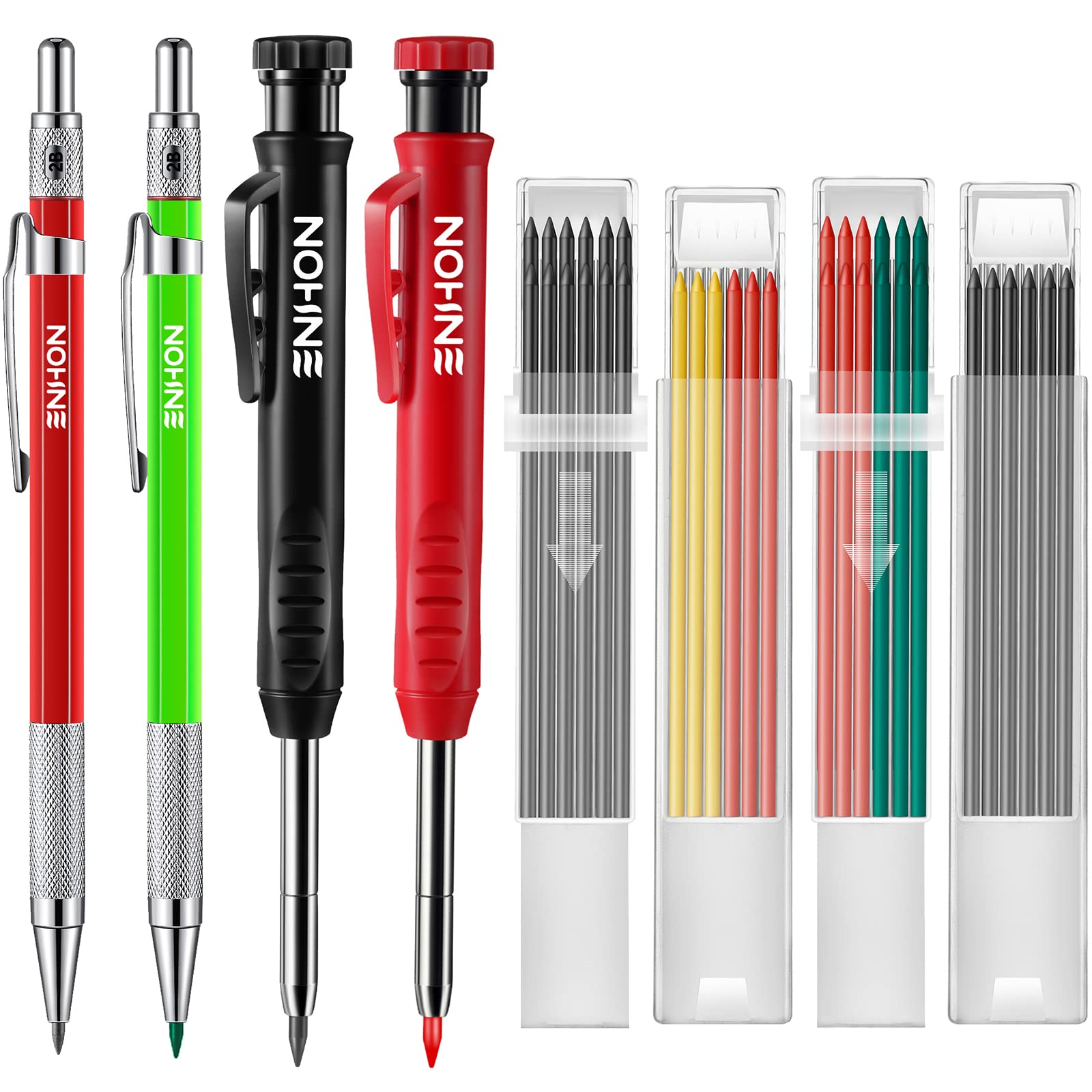 Enhon 4 Pack Carpenter Pencil Set with Sharpener, Mechanical Woodworking Pencils with 36 Refills, Deep Hole Marker for Architect/Carpenters/Scriber(Green, Red, Black, Yellow)