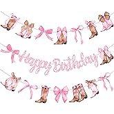 Cowgirl Coquette Birthday Banners 3PCS Western Coquette Birthday Decorations Glitter Pink Cowgirl Boots and Bow Cutout Banners Rodeo Party Supplies for Baby Shower Bachelorette Party Decor