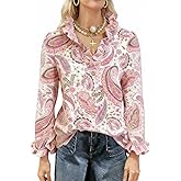 CHERRYBETTY Women's Pink Paisley Floral Print Blouse Ruffled Collar Cuff Long Sleeve Button-Down Shirt Boho Casual Top