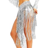 Aukmla Sequin Fringe Outfits Belly Dance Skirt Set Rave Carnival Costume Skirt with Top and Gloves for Women