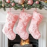 AISENO 3 Pack 18 Inch Christmas Stockings Pink Faux Fur Hanging Ornaments Candy Gift Bags for Christmas Decorations