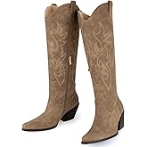 MISSMILLER Women's Embroidered Wide Calf Western Cowgirl High Knee Boots Pull On Pointed Toe Cowboy Tall Boots for Ladies