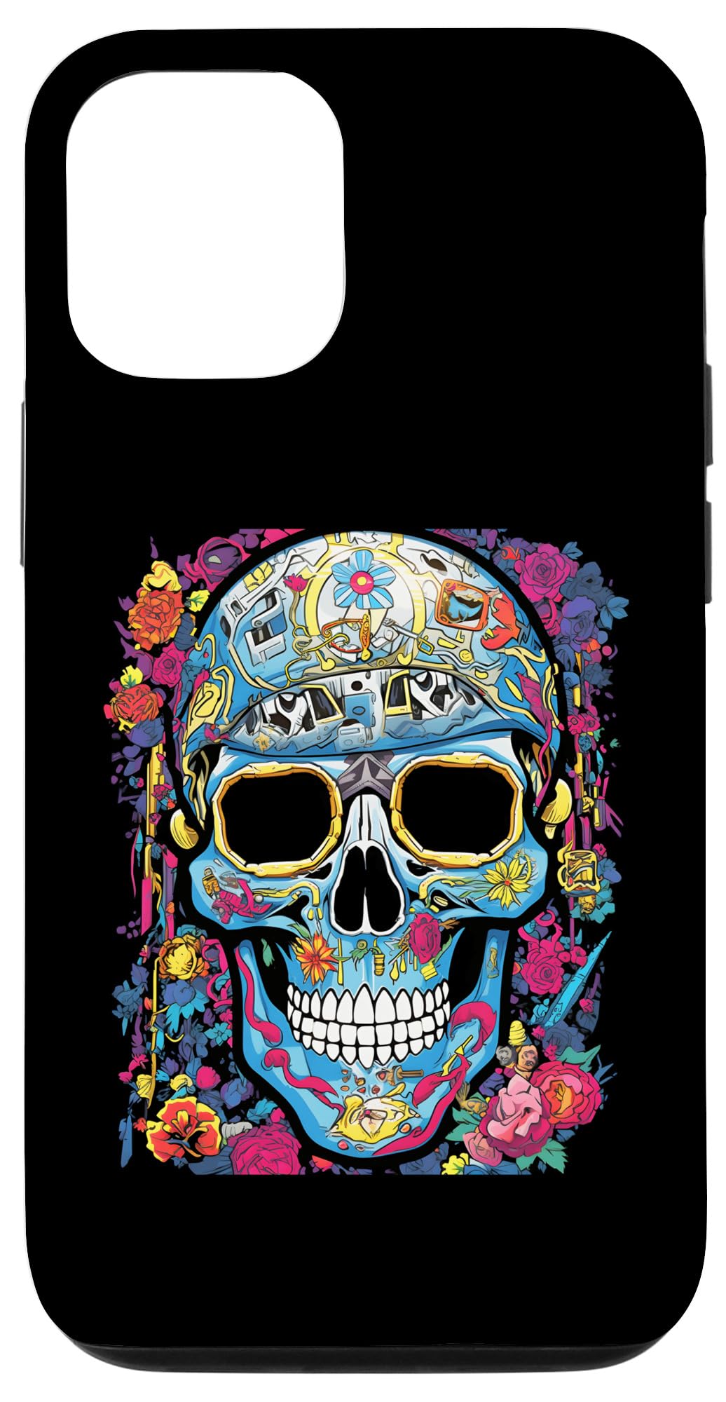 iPhone 14 Rebellious Blooms: Funky Edgy Skull and Flowers Statement Case