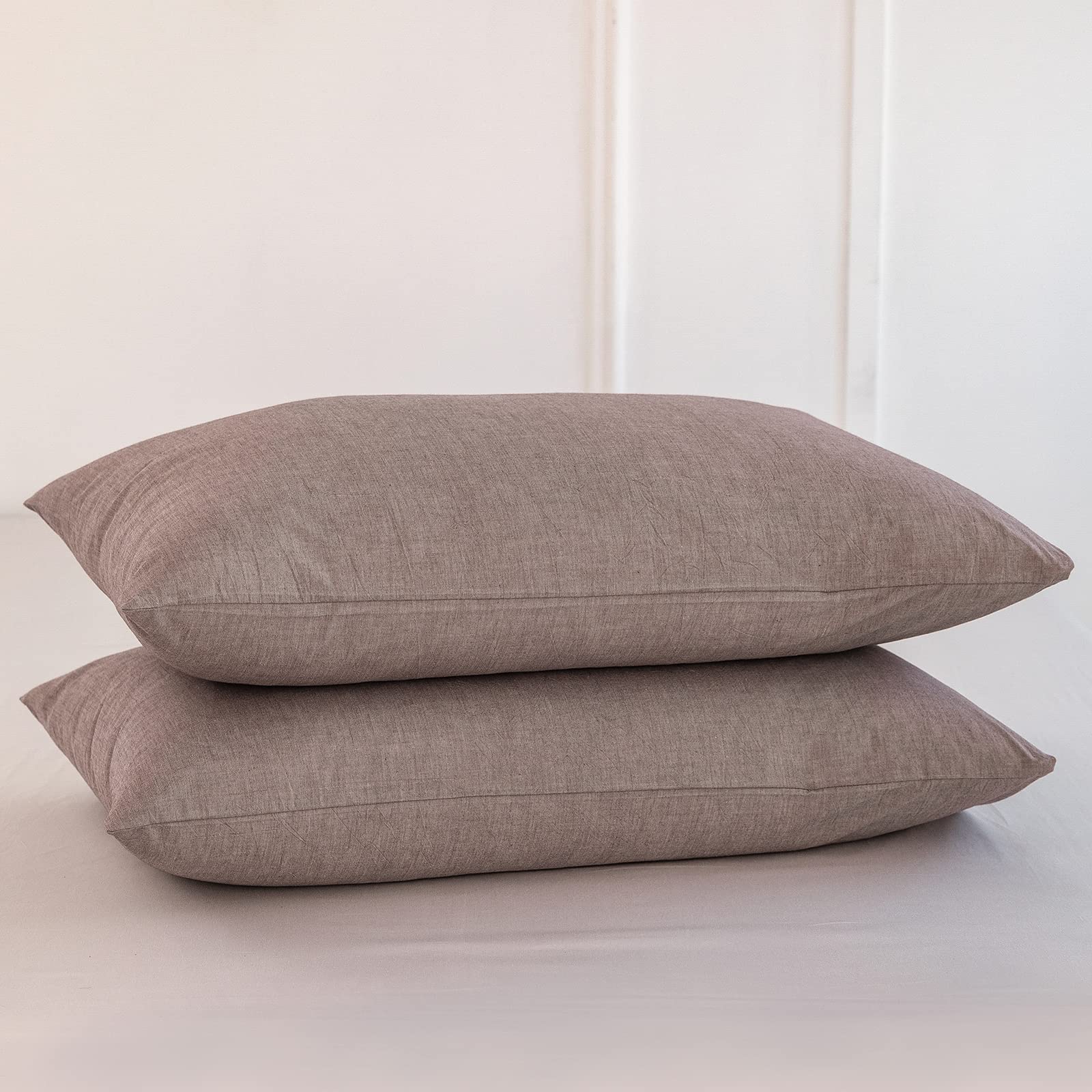 Photo 1 of MooMee Bedding Pillowcases Pack of 2 100% Washed Cotton Linen Like Textured Breathable Durable Soft Comfy (Heathered Mauve Brown, Queen)