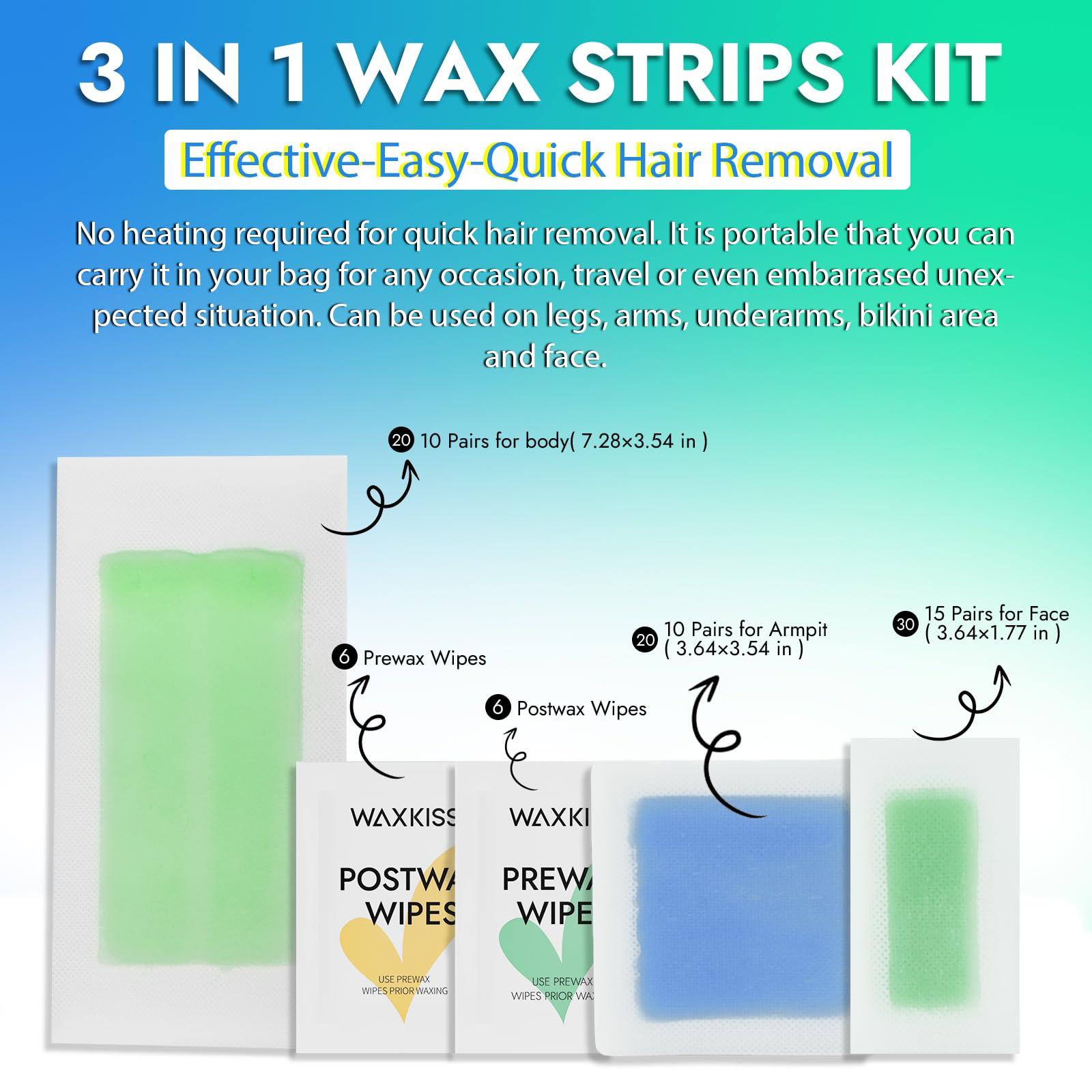 Waxkiss Wax Strips Kit for Women, Waxing Strips Kit for Hair Removal with 70 Counts Hypoallergenic Home Waxing Kit with Strips Brazilian Wax Strip 3 Sizes & 12 Pcs Prewax and Postwax Wipes
