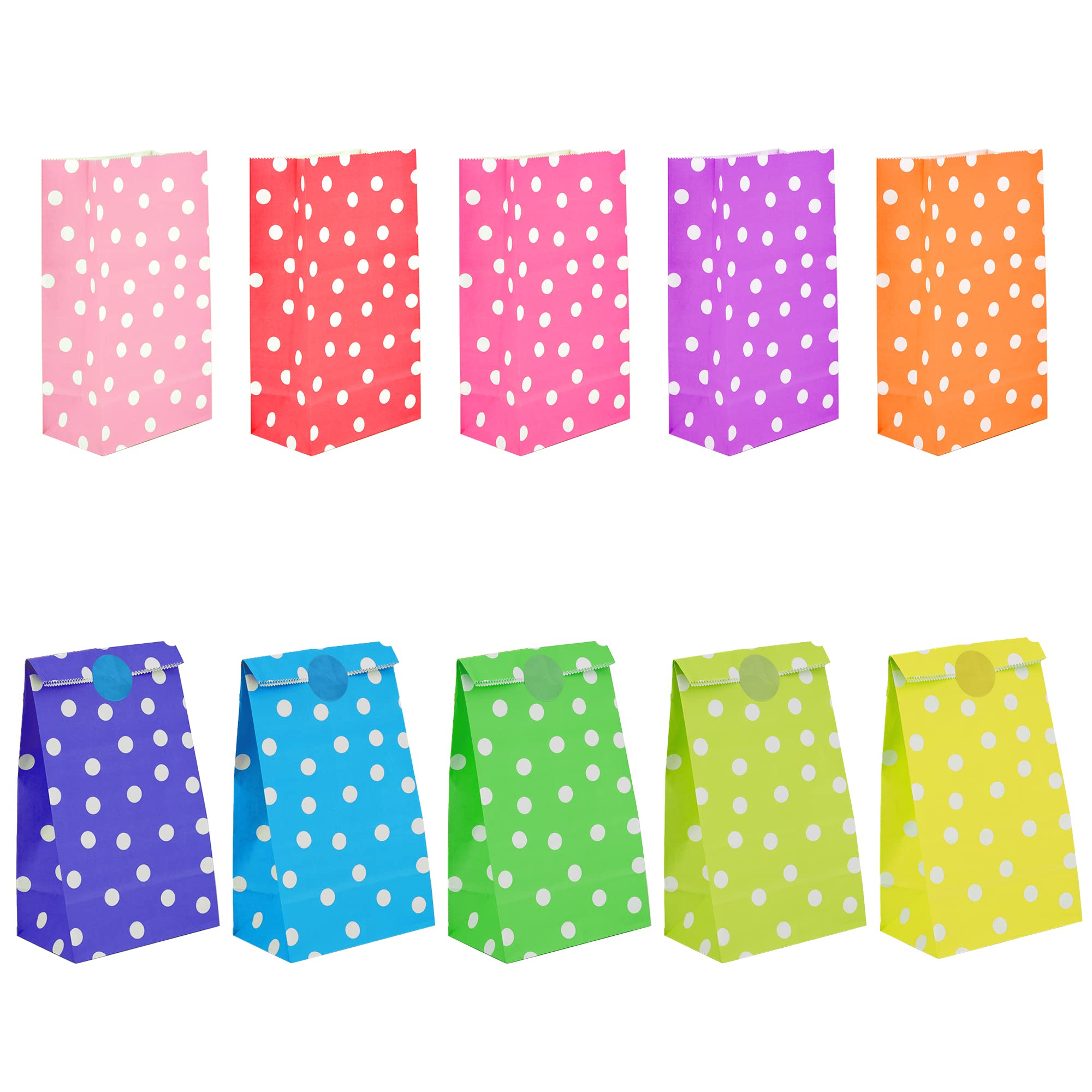 Time to Sparkle 50PCS Party Bag Kraft Paper with 70 Stickers Kids Party Gift Sweet Bags for Class Party Favors Girls Boys Birthday Wedding Christmas Halloween, 130X80X240mm, Large Dot-Colourful
