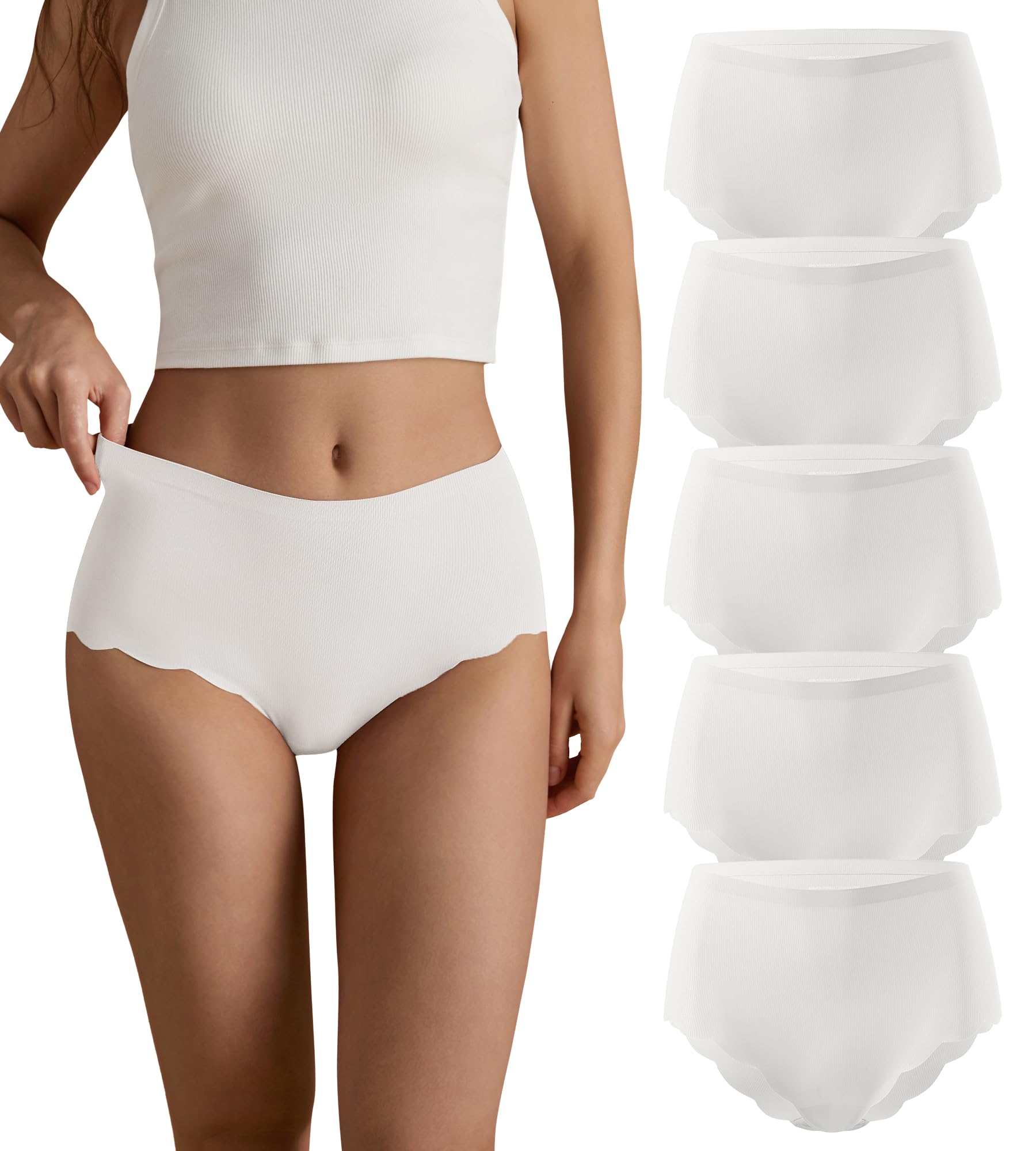 Photo 1 of SHARICCA Seamless High Waisted Underwear for Women Cheeky Underwear Wave Edge No Show Bikini Panties Ribbed Panties Pack, 5P12, XL