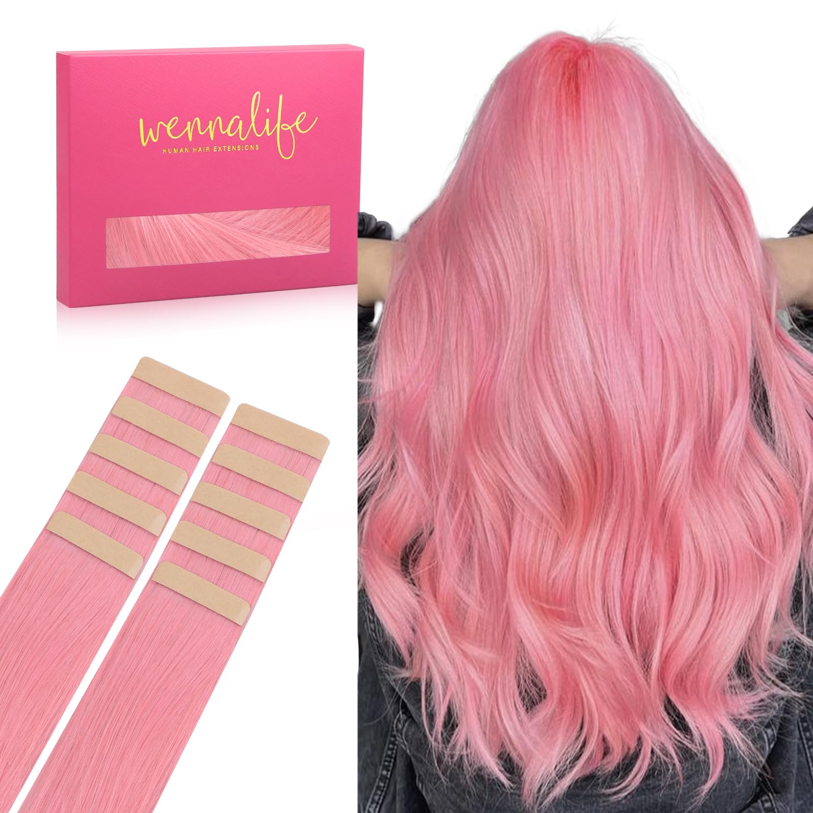 WENNALIFE Tape in Hair Extensions Human Hair, 18inch 10pcs 25 PeachPink Real Human Hair Tape Extensions — image 1