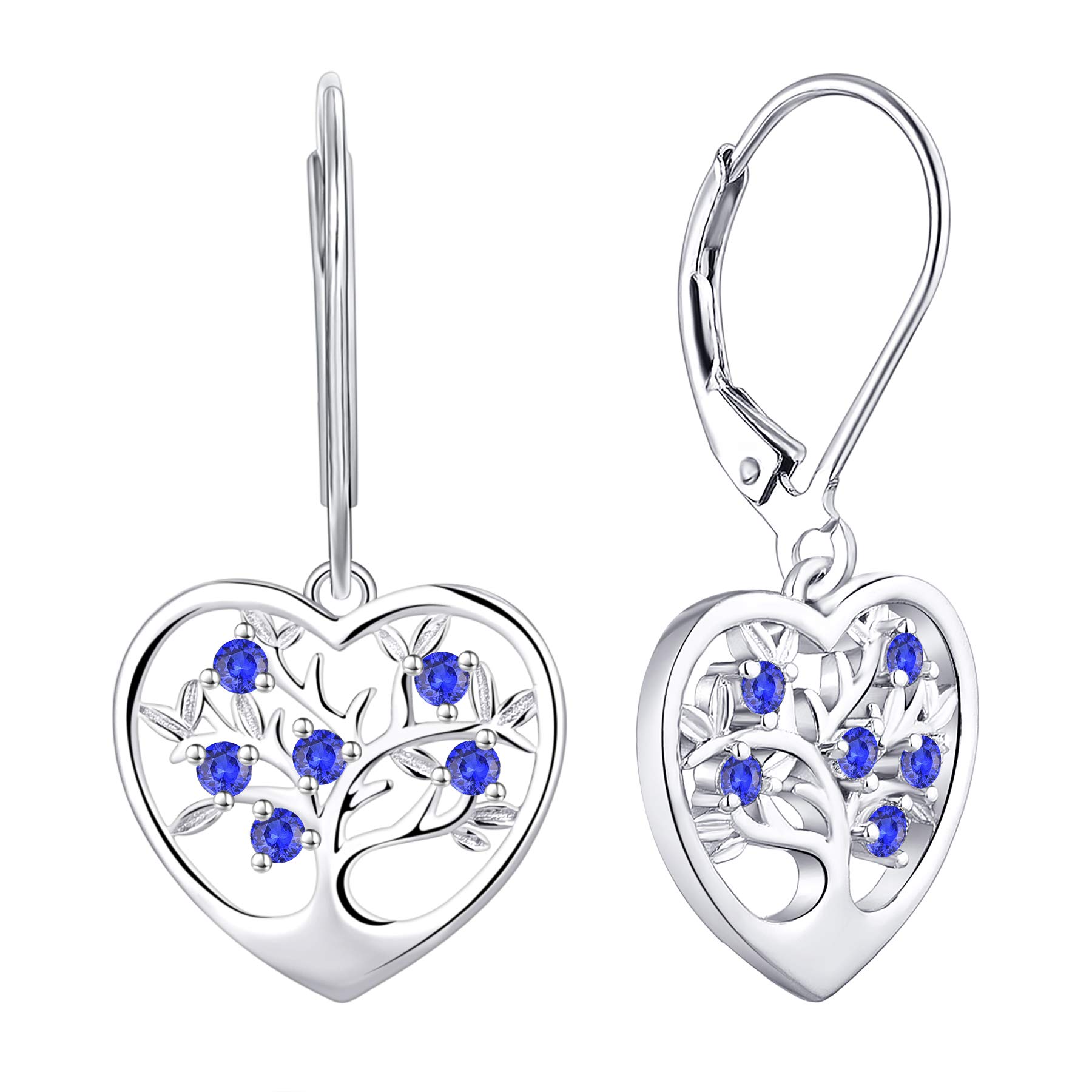 JO WISDOM Women Earrings,925 Sterling Silver Family Heart Tree of Life Leverback Drop & Dangle Earrings with 3A Cubic Zirconia September Birthstone Sapphire Color — image 1
